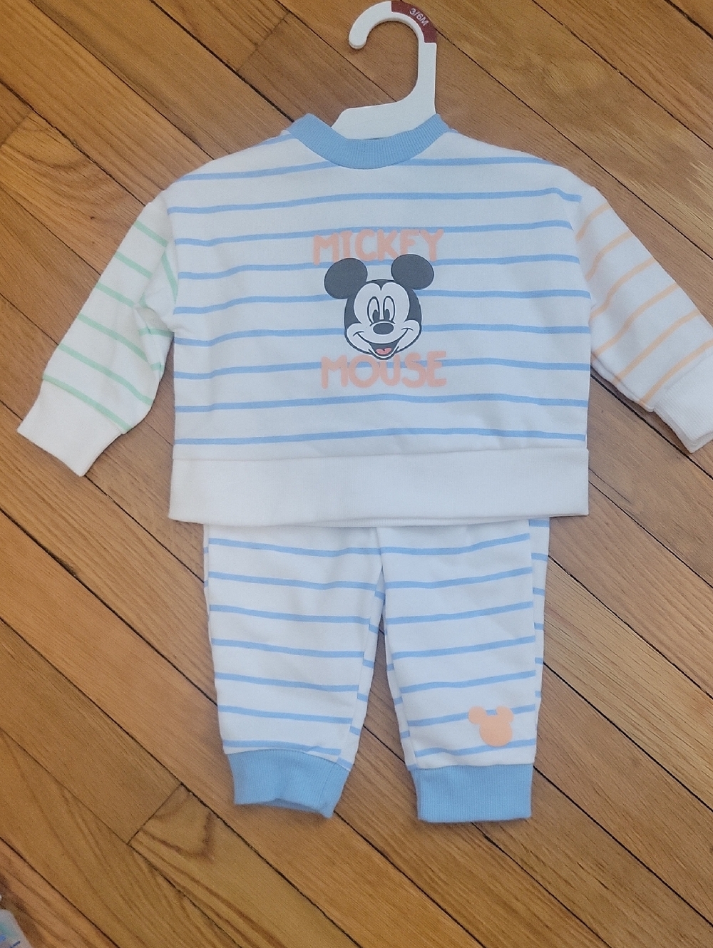 Disney Baby Blue Striped Mickey Mouse Matching Set with Peach Accents